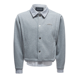 ArguE原创正品*条纹衬衫假两件拼接开衫卫衣套装翻领简约薄款外套