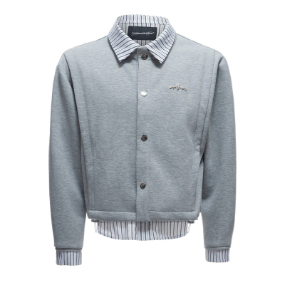 条纹衬衫假两件拼接开衫卫衣套装