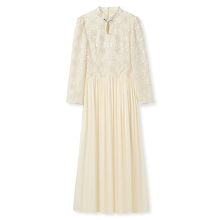 原创款归国千金拼接刺绣连衣裙2025早秋新中式高级感旗袍领长裙女