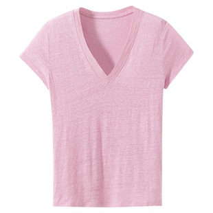【2件8折】 1OO%亚麻竹节纱 简约V领圆领短袖T恤上衣女