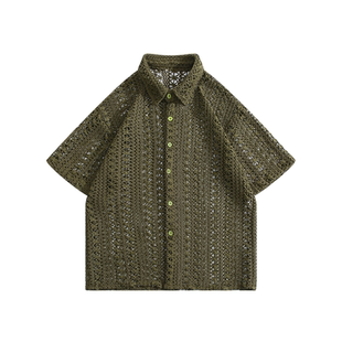 BOYUE帛跃日系古着镂空针织衬衫外搭网状透气度假潮牌男开衫短袖