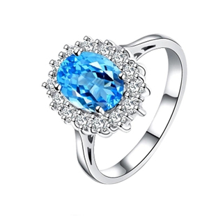 王妃带钻海蓝宝石戒指女食指纯银镶嵌彩宝日韩椭圆潮人活口可调节