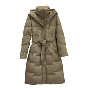 冬季新款白鸭绒收腰系带过膝显瘦时尚连帽中长款羽绒服女