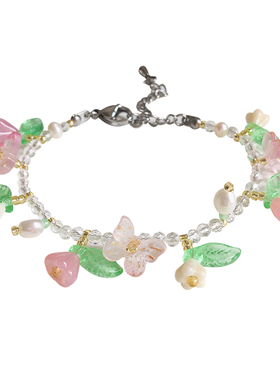 清新仙气少女感粉色花朵水晶蝴蝶