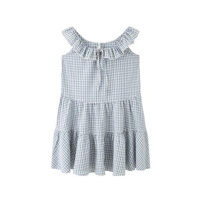 三福连衣裙2026新款夏季少女格纹绑带方领小飞袖娃娃裙女装521274