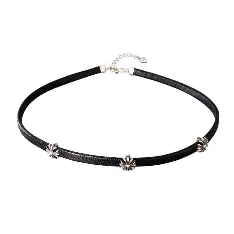 不掉色S925纯银复古十字架皮绳项圈choker黑色项链女新款朋克颈链