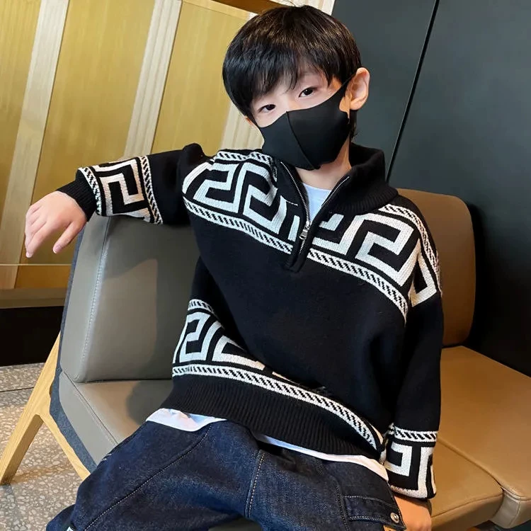 Мужская? Нет: Sweater for boys, autumn children's knitted jacket, western style, for teenagers, children's clothing