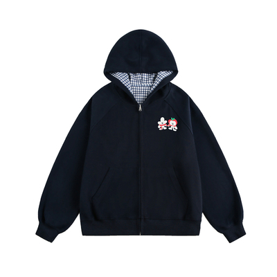 TIRED美式复古格子开衫连帽卫衣