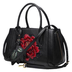 真皮手提包大容量妈妈包民族风高档牛皮压花牡丹花旗袍包高档女包
