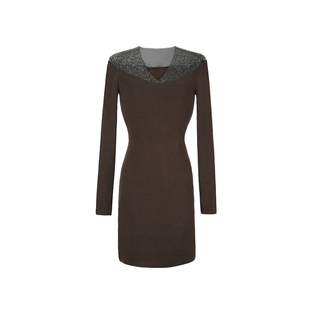 大婷婷 长袖时尚短裙亮片拼接网纱秋冬季新款修身连衣裙DT1832