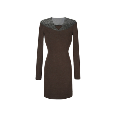 大婷婷 长袖时尚短裙亮片拼接网纱秋冬季新款修身连衣裙DT1832