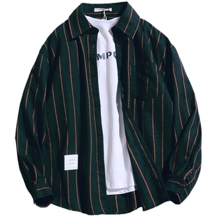 港风条纹衬衫男士长袖宽松韩版外套休闲日系ins超火衬衣潮流男装