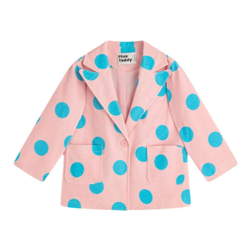 PinkTeddy童装女童粉色波点西装2023春秋儿童装灯芯绒西服外套
