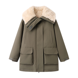 拉夏贝尔/La Chapelle仿羊毛加绒加厚外套女冬季新款翻领派克服