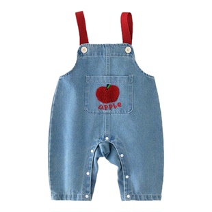 韩版春季卡通苹果牛仔背带裤婴幼儿长裤春秋季女宝长袖娃娃衫套装
