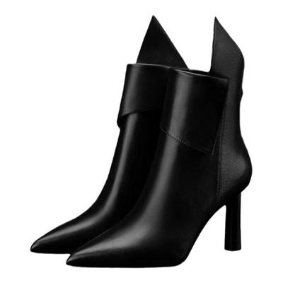 舒适软皮黑色真皮高跟鞋短靴女2025新款粗跟低筒靴小个子女靴气质