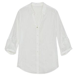 谜底V领白衬衫七分袖女夏季波嬉通勤风蝴蝶烧花衬衣242MC0579