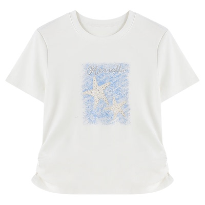 百家好印花白色短袖T恤女春夏新款显瘦内搭圆领正肩收腰捏褶上衣