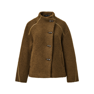 颜域咖色翻领毛呢外套女2025冬新款磨毛设计宽松短款通勤羊毛大衣