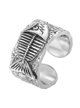 S925纯银开口可调节戒指男士复古做旧时尚高级感手工霸气鱼骨指环