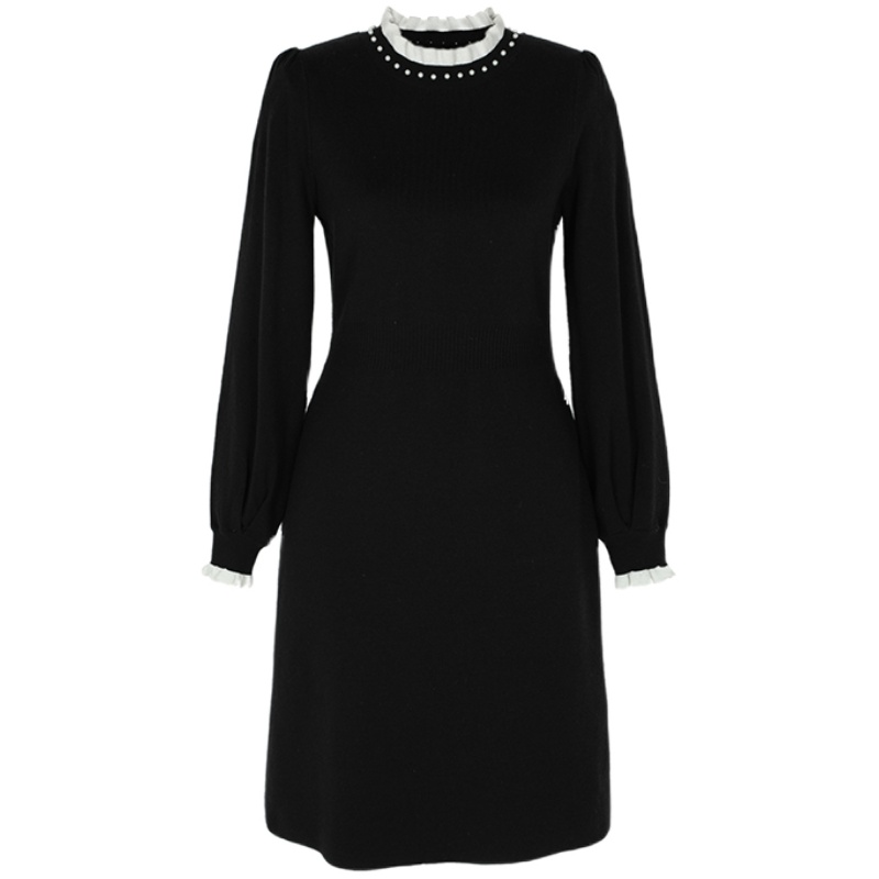 秋水伊人法式针织连衣裙2025秋冬季新款女装收腰内搭打底黑色裙子