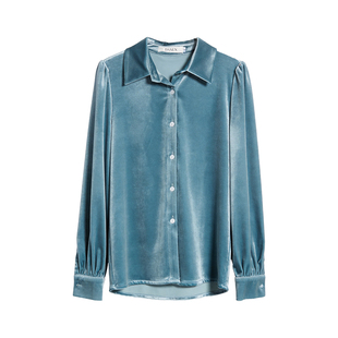 湖蓝色丝绒衬衫女2026秋冬新款翻领上衣高级感气质时尚百搭衬衣