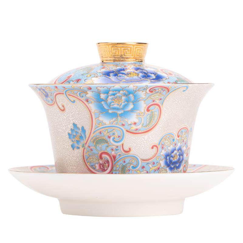 手工掐丝银三才盖碗功夫茶具