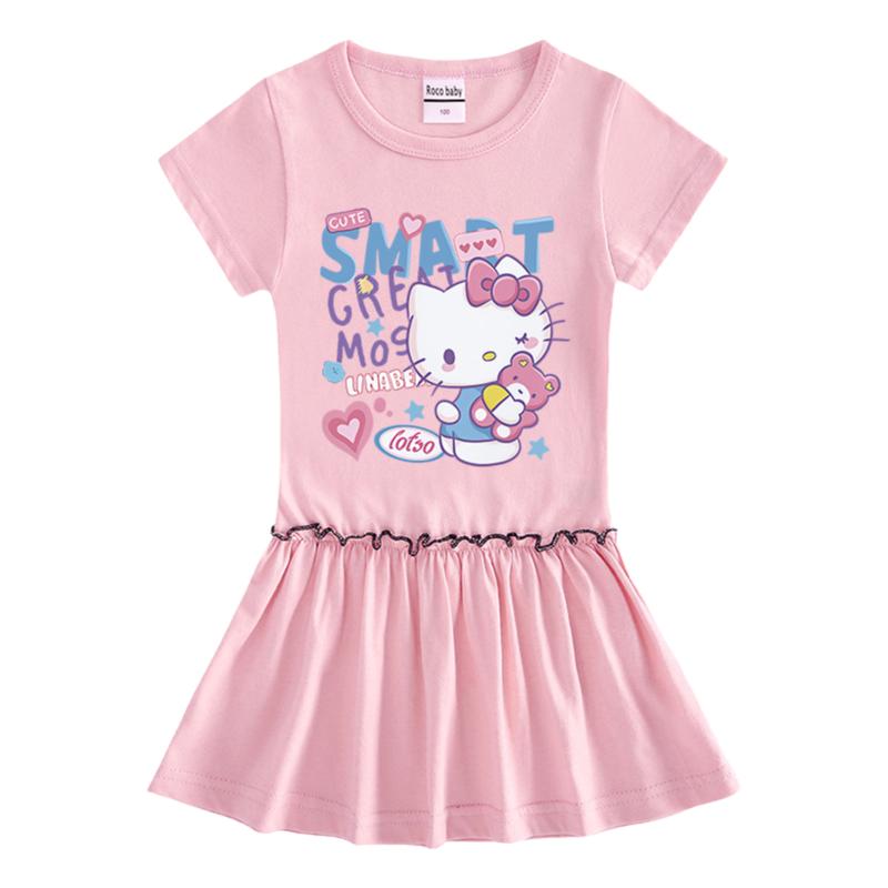 女童HelloKitty夏季纯棉短袖连衣裙宝宝kt猫木耳边洋气猫咪公主裙