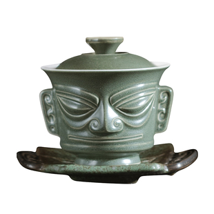 三星堆文创纵目面具三才盖碗家用大号陶瓷悬停泡茶碗旅游纪念礼物