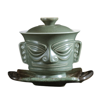 三星堆文创纵目面具悬停三才盖碗