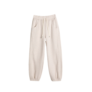 【雪乡专供】米白色羊羔绒卫裤女冬季加绒加厚灯笼束脚运动裤棉裤