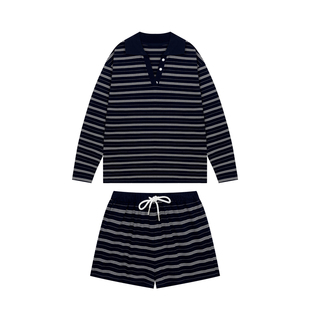 【5折款】橘子树在哪儿条纹套装秋季polo领长袖t恤休闲短裤两件套