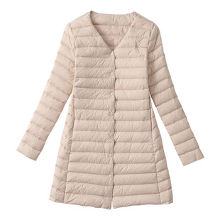 优品轻薄款羽绒服女中长款圆领时尚大衣内搭轻便V领保暖大码内胆