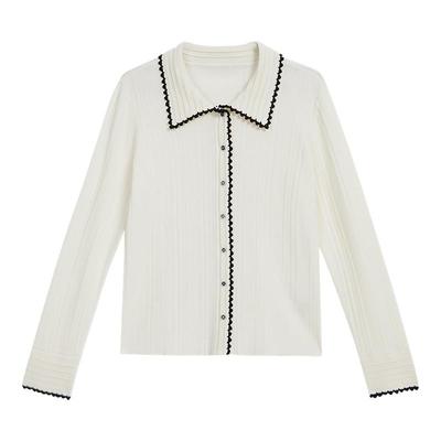 YINER音儿专选女装冬季时尚撞色黑边翻领单排扣针织衫套头