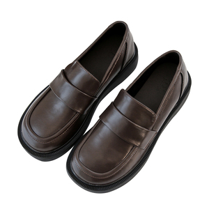 新款厚底单鞋女乐福鞋平底黑色皮鞋软底JK英伦风一脚蹬懒人鞋百搭