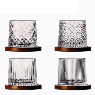 威士忌酒杯洋酒杯轻奢高端水晶玻璃不倒翁家用旋转啤酒杯子带杯垫