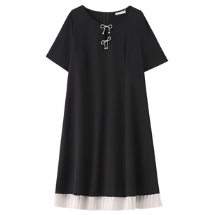 300斤胖莹莹大码女装韩系少女感撞色蝴蝶结百褶收腰帝政风连衣裙