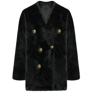 COCOBELLA仿皮草毛毛外套女秋冬无领双排扣短款通勤显瘦大衣WL56