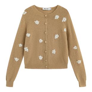 Marc Moore 2025秋季新款马海毛针织开衫女立体珍珠花朵针织开衫