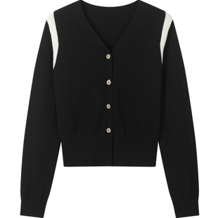 衣香丽影黑白撞色针织开衫女2025年秋冬装新款慵懒风穿搭羊毛上衣