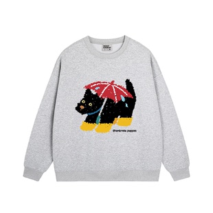 美式chic小众卡通狗狗白灰色卫衣女宽松大版百搭秋冬加绒加厚上衣