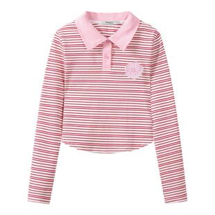 MARDI条纹长袖POLO衫女翻领百搭休闲针织常规宽松型日常粉色上衣