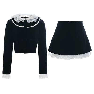 JONIbyBEB丝绒刺绣蕾丝外套+半裙