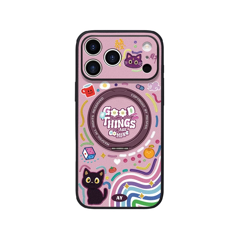ANGYING × 猫咪涂鸦适用iPhone18Promax手机壳Ho5新款ip16磁吸带支架苹果17Pro支点套15全包13pm高级感