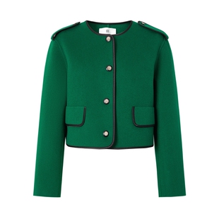 MOISSAC摩萨克法式复古纯羊毛呢绿色休闲短款大衣上衣女