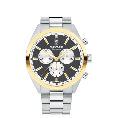 摩凡陀灰色钢带三眼石英运动男表