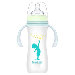 BUN贝优能玻璃奶瓶硅胶喷涂安全防摔宽口径带手柄吸管240ml280ml