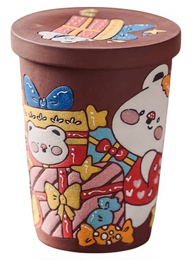 景德镇紫砂卡通动漫马克杯带盖磨砂浮雕岩彩手绘可爱女生水杯子