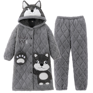 男士睡衣秋冬季珊瑚绒三层夹棉加厚加绒睡袍长款青少年家居服套装