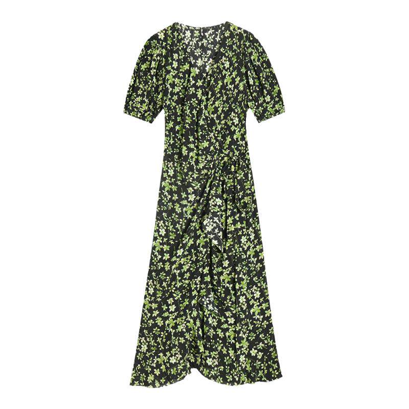 26春夏法式V领泡泡袖侧身系带围裹连衣裙黑底绿花收腰茶歇裙花卉